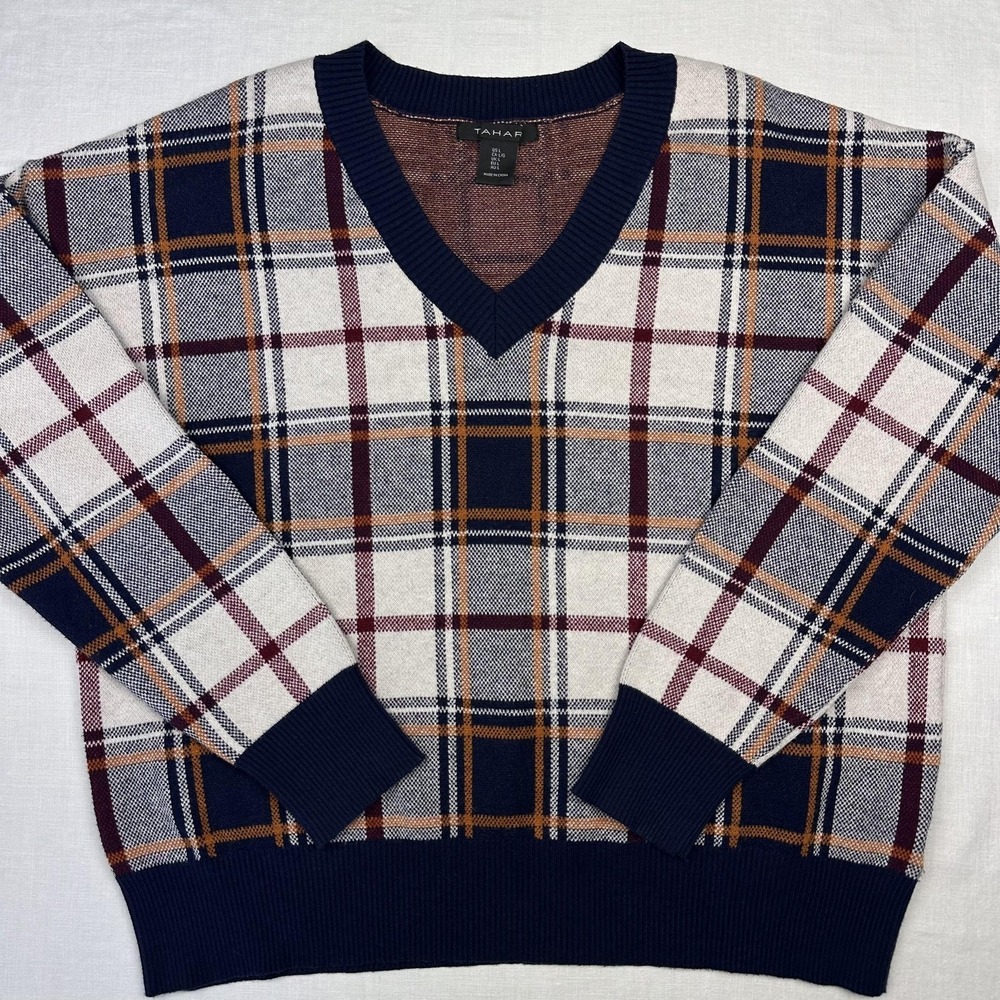 Tahari Sweater Women Large‎ Blue Plaid V Neck Pullover Knit Soft Blend Academia